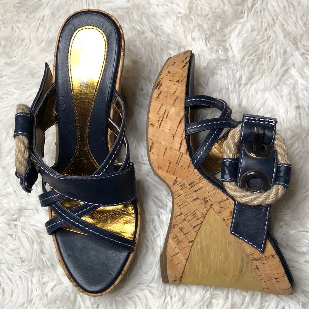 Hype Blue Leather  Magnity Espadrille Buckle Slip On  Wedge Peep Toe Sandals 7M